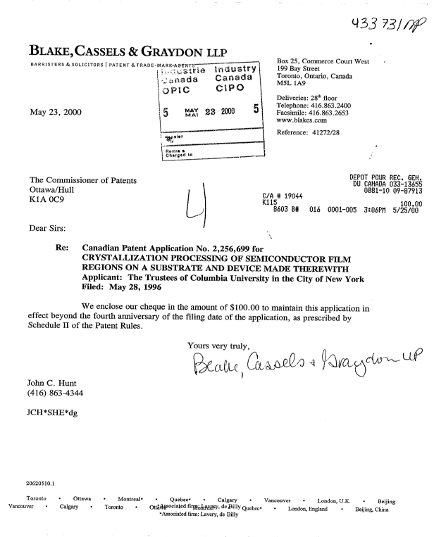 Document de brevet canadien 2256699. Taxes 20000523. Image 1 de 1