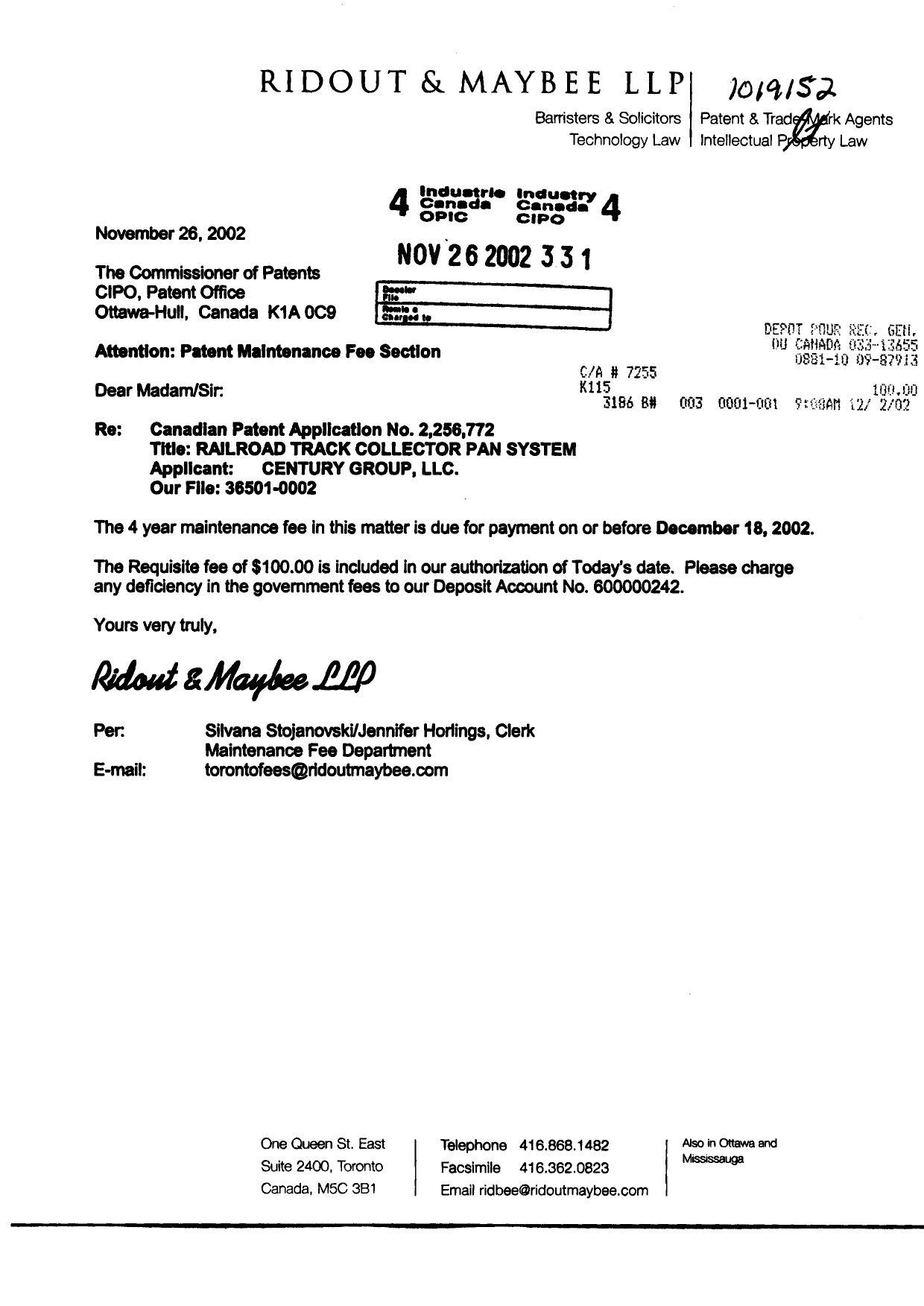 Canadian Patent Document 2256772. Fees 20021126. Image 1 of 1