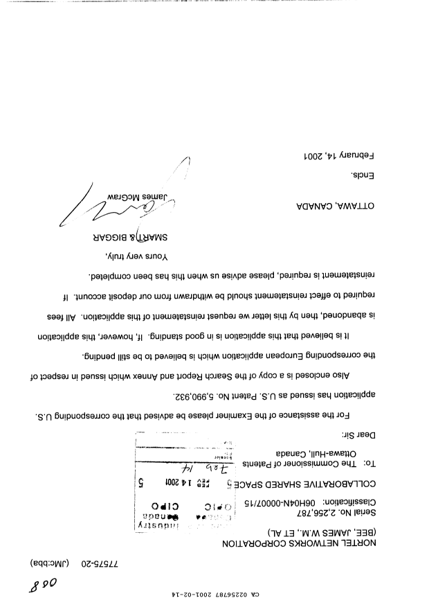 Canadian Patent Document 2256787. Prosecution-Amendment 20010214. Image 1 of 3