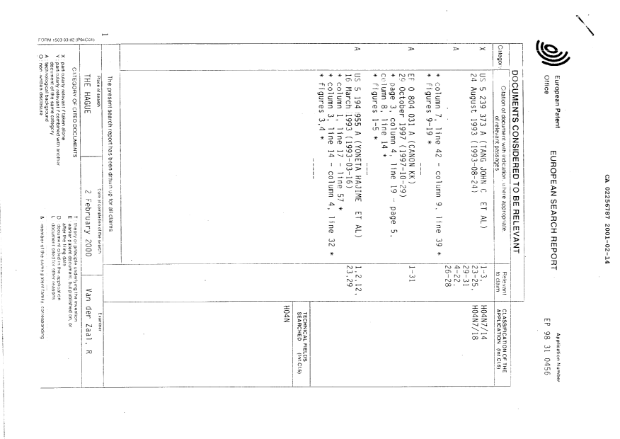Canadian Patent Document 2256787. Prosecution-Amendment 20010214. Image 2 of 3