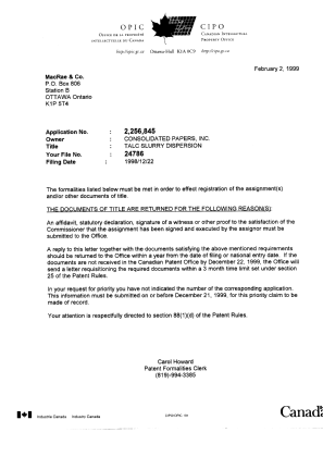 Document de brevet canadien 2256845. Correspondance 19990202. Image 1 de 1