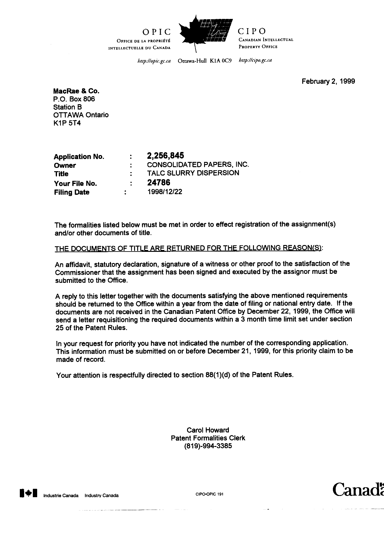 Document de brevet canadien 2256845. Correspondance 19990202. Image 1 de 1