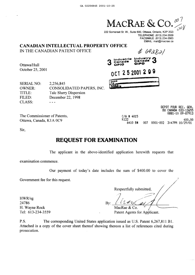 Canadian Patent Document 2256845. Prosecution-Amendment 20011025. Image 1 of 1