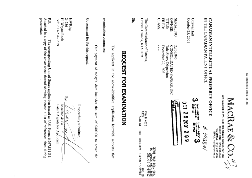 Document de brevet canadien 2256845. Poursuite-Amendment 20011025. Image 1 de 1