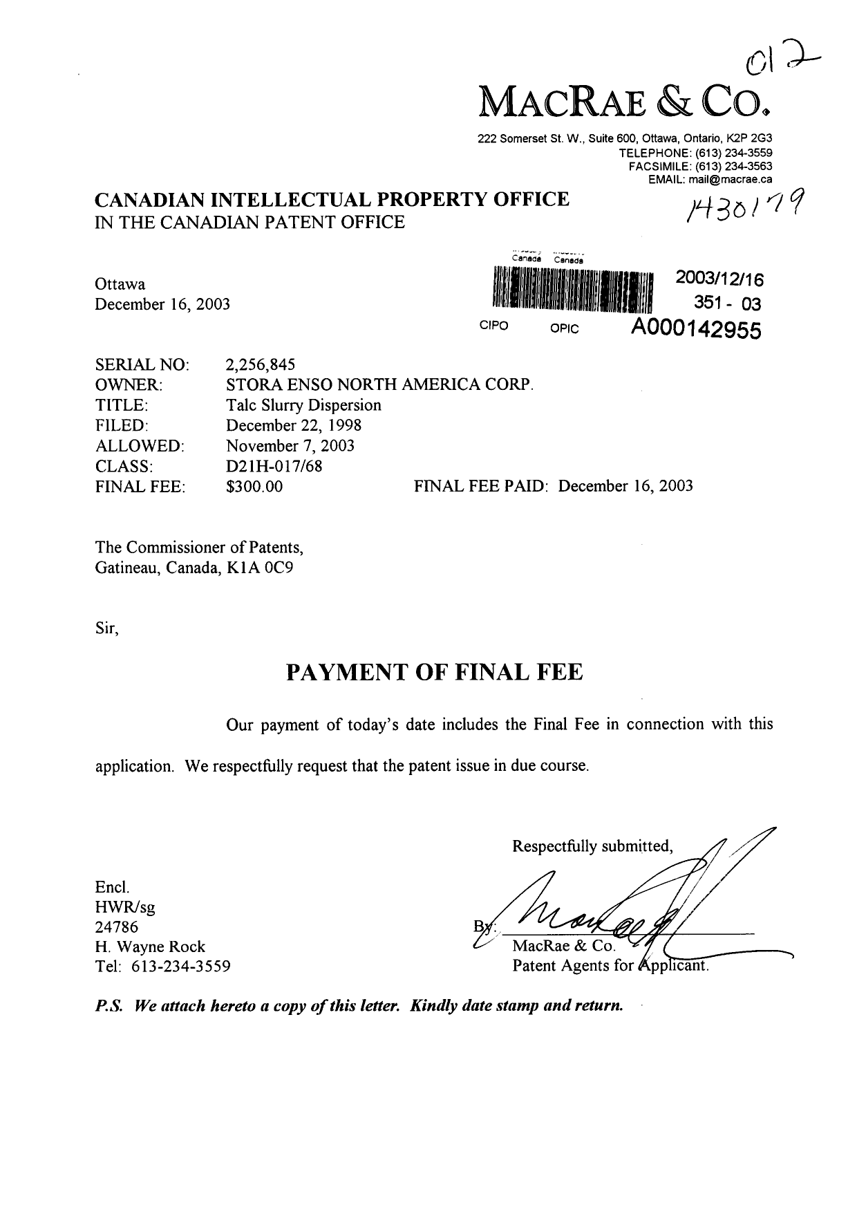 Document de brevet canadien 2256845. Correspondance 20031216. Image 1 de 1