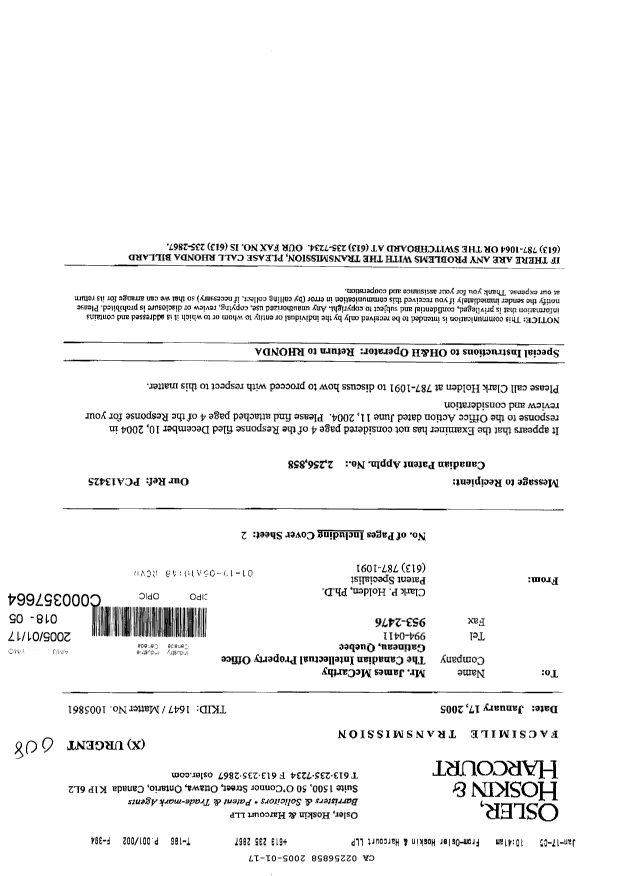 Canadian Patent Document 2256858. Prosecution-Amendment 20050117. Image 1 of 2