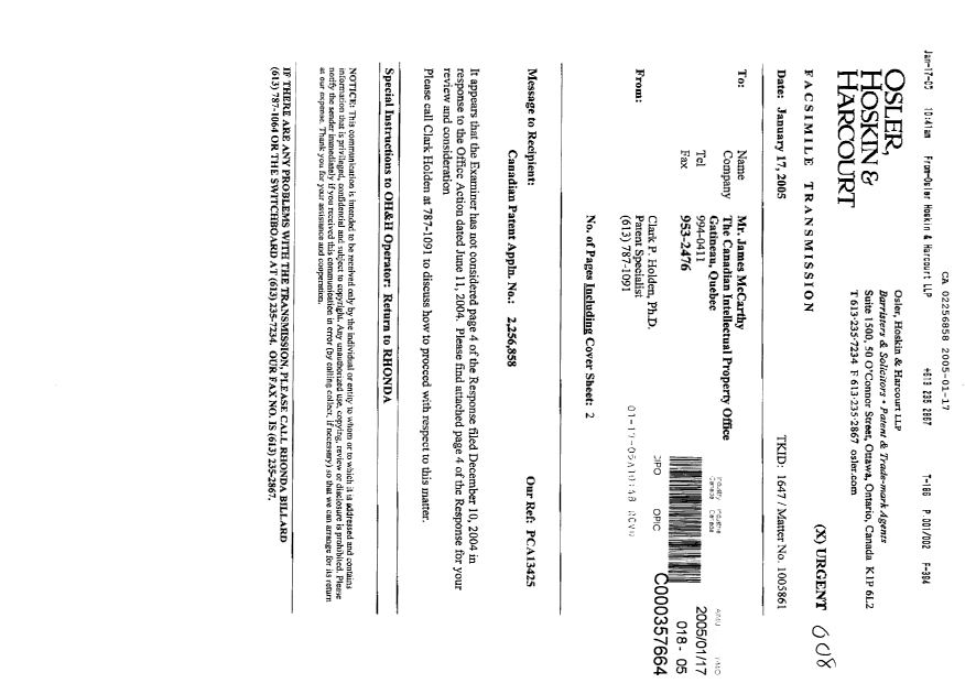 Document de brevet canadien 2256858. Poursuite-Amendment 20050117. Image 1 de 2