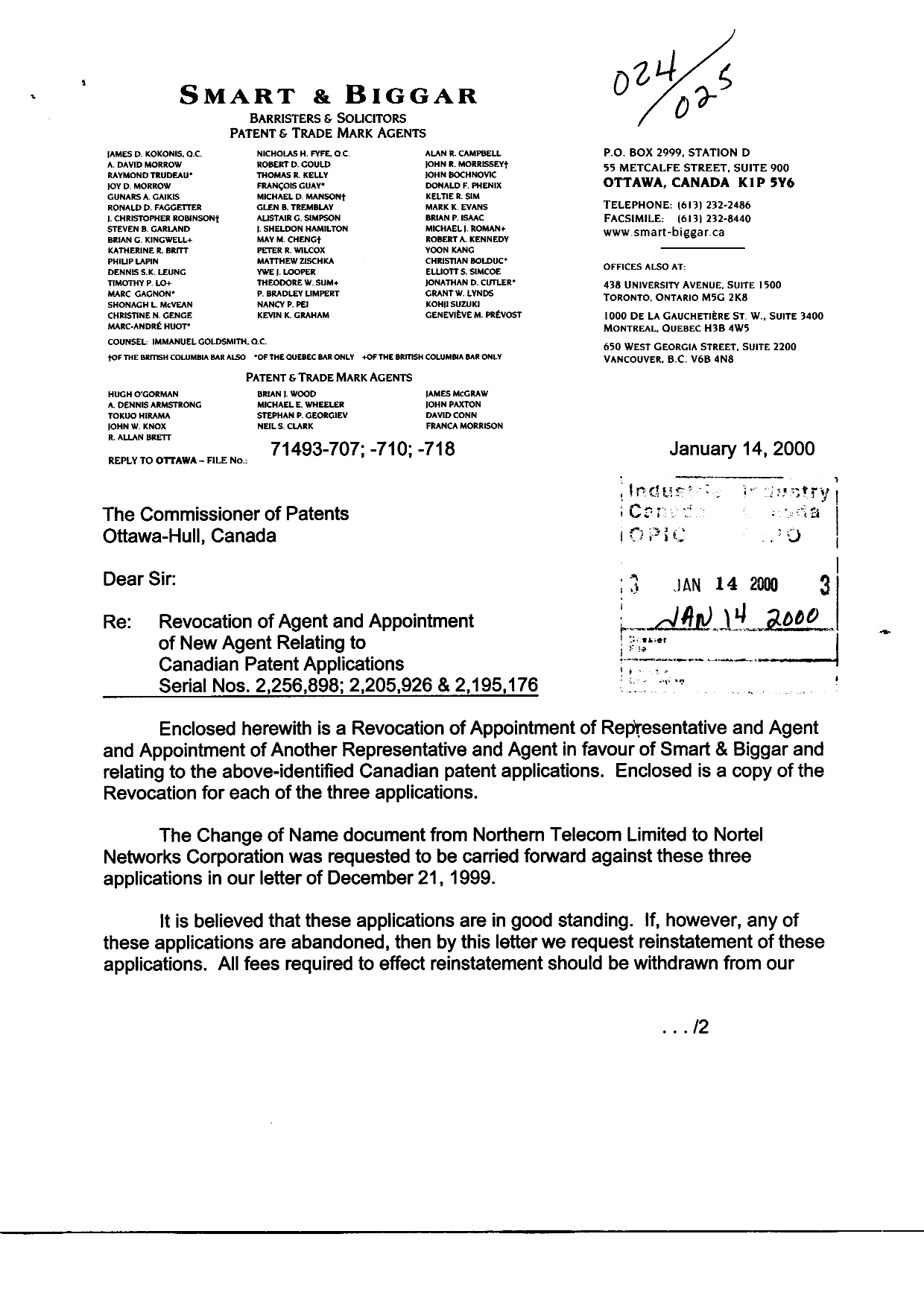 Canadian Patent Document 2256898. Correspondence 19991214. Image 1 of 3