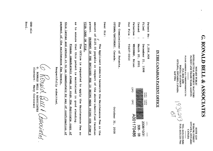Document de brevet canadien 2256908. Taxes 20081031. Image 1 de 1