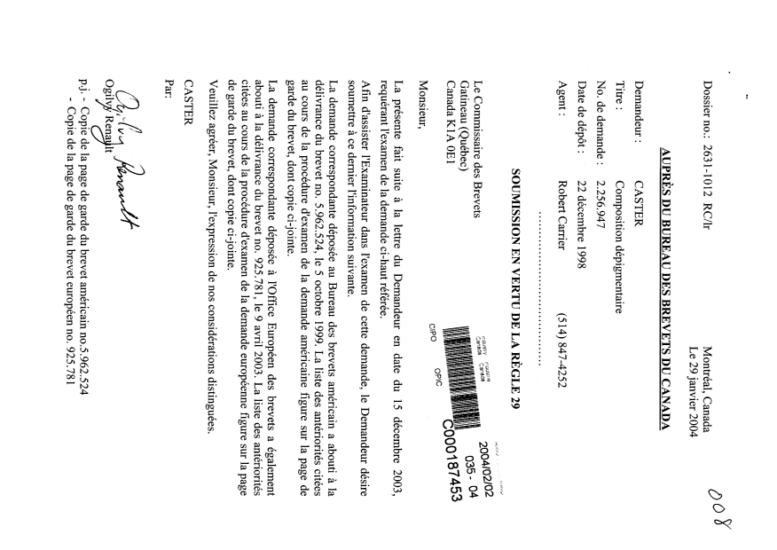 Document de brevet canadien 2256947. Poursuite-Amendment 20040202. Image 1 de 1