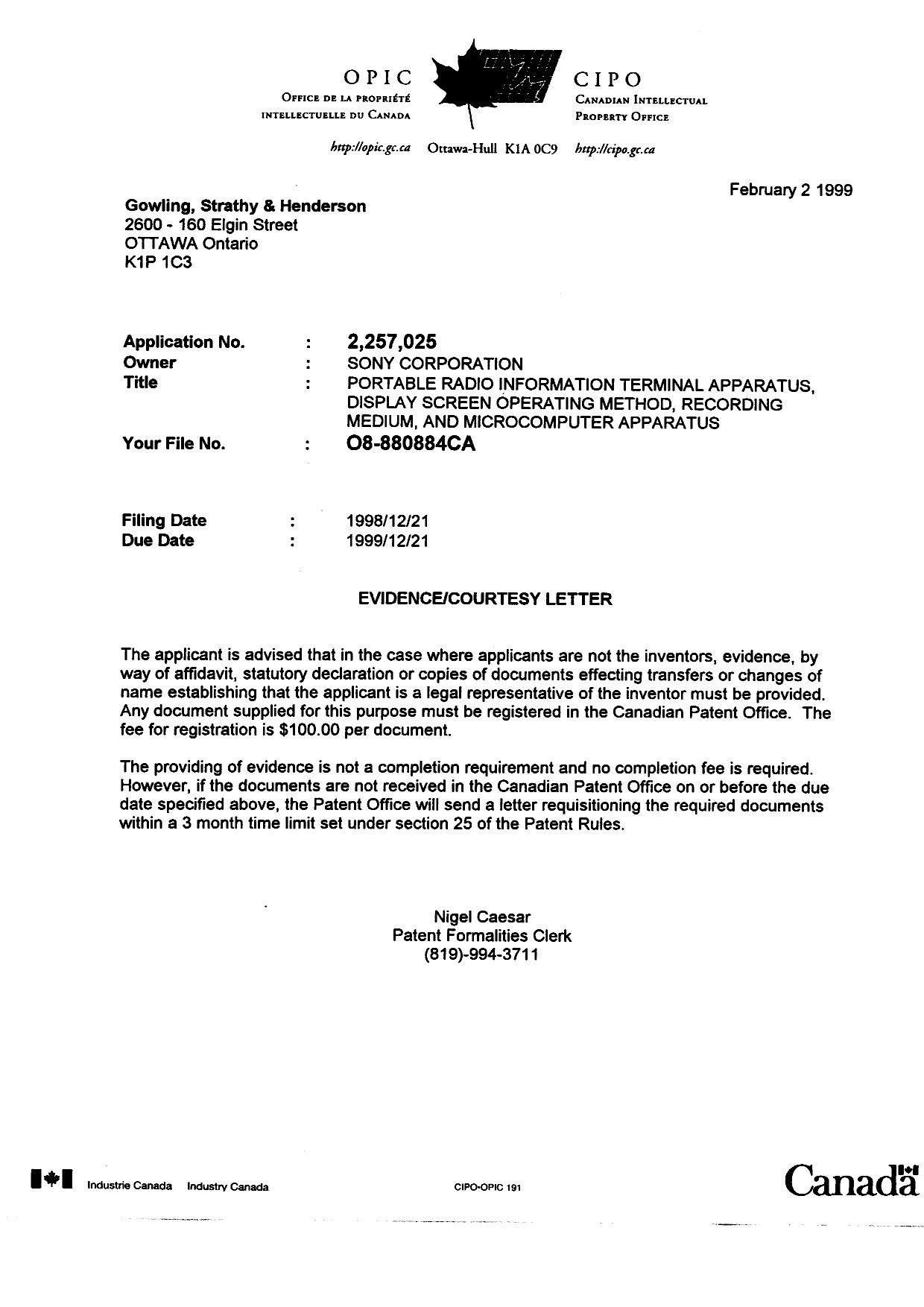Document de brevet canadien 2257025. Correspondance 19981202. Image 1 de 1