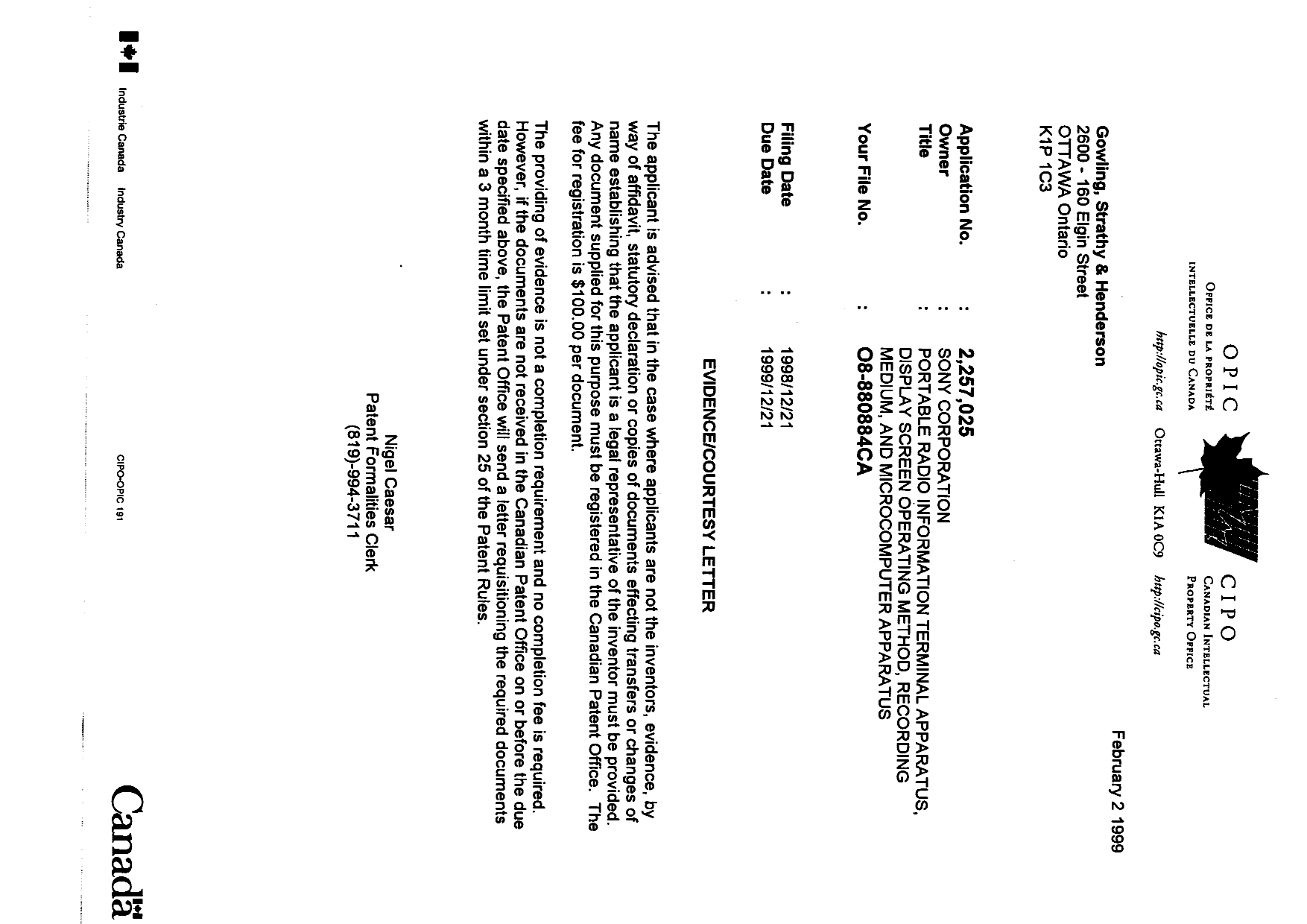Canadian Patent Document 2257025. Correspondence 19981202. Image 1 of 1