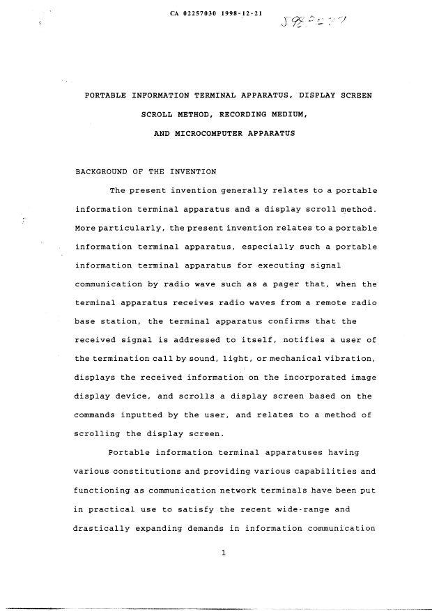 Document de brevet canadien 2257030. Description 19981221. Image 1 de 36