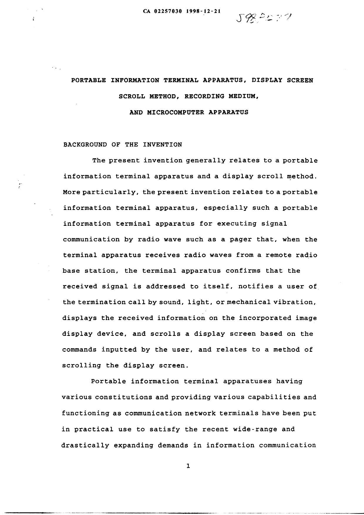 Canadian Patent Document 2257030. Description 19981221. Image 1 of 36
