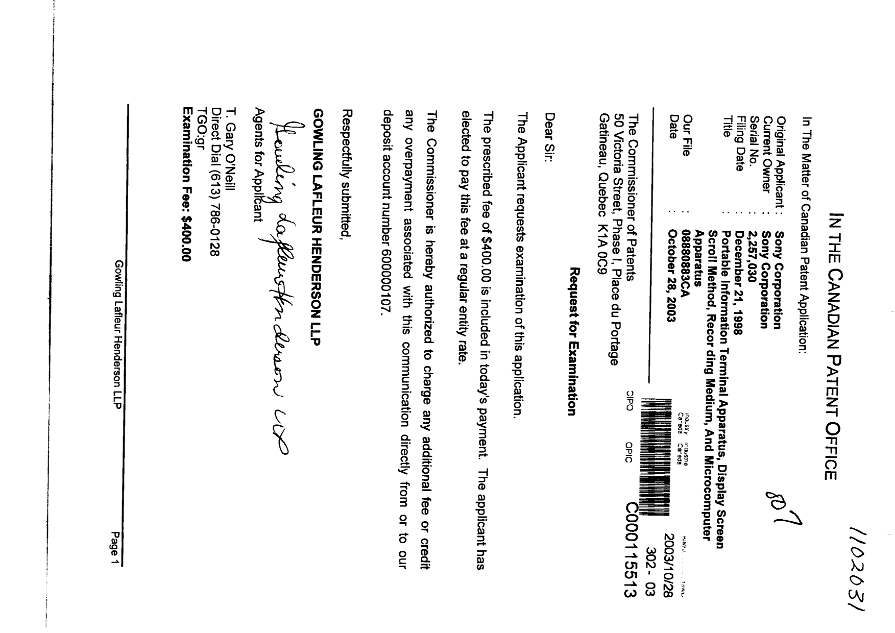 Canadian Patent Document 2257030. Prosecution-Amendment 20031028. Image 1 of 1