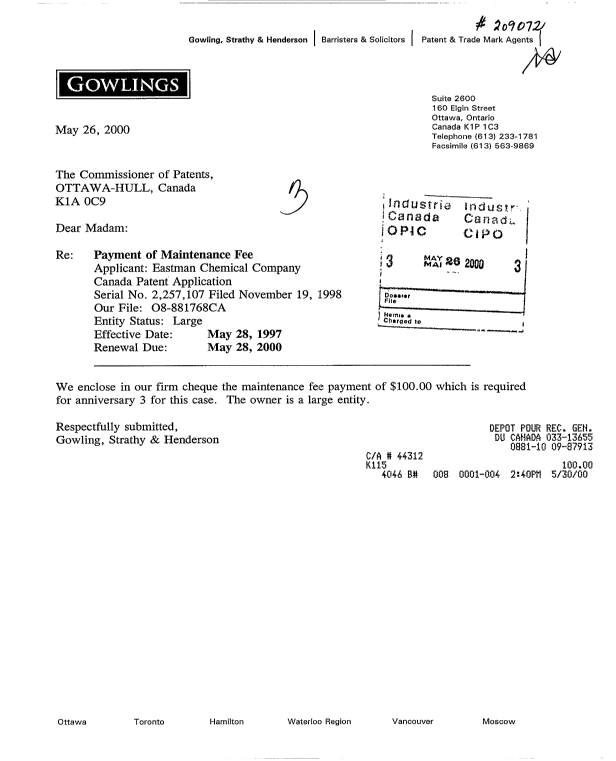 Document de brevet canadien 2257107. Taxes 20000526. Image 1 de 1
