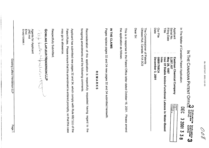 Canadian Patent Document 2257107. Prosecution-Amendment 20011203. Image 1 of 3