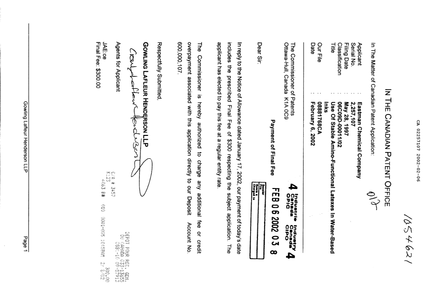 Canadian Patent Document 2257107. Correspondence 20020206. Image 1 of 1