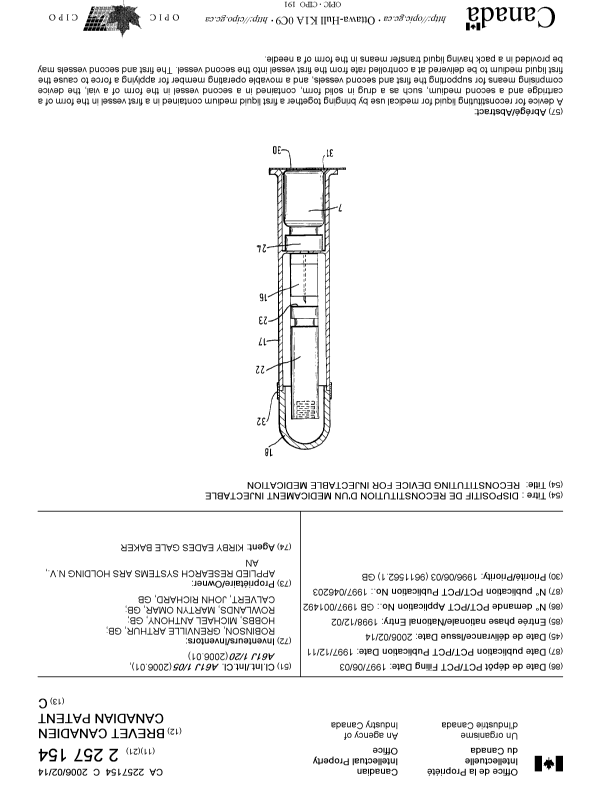 Canadian Patent Document 2257154. Cover Page 20060111. Image 1 of 1