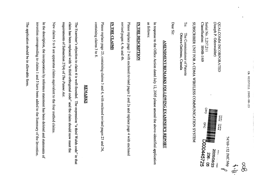 Document de brevet canadien 2257211. Poursuite-Amendment 20050823. Image 1 de 9