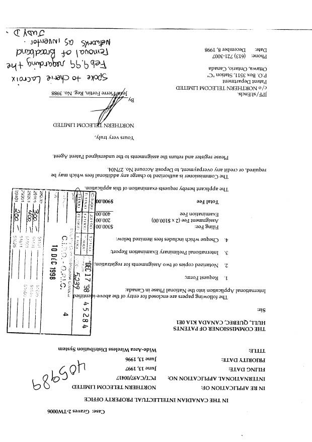 Canadian Patent Document 2257967. Assignment 19981210. Image 1 of 7