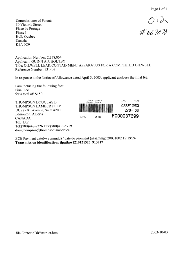 Document de brevet canadien 2258064. Correspondance 20031002. Image 1 de 1