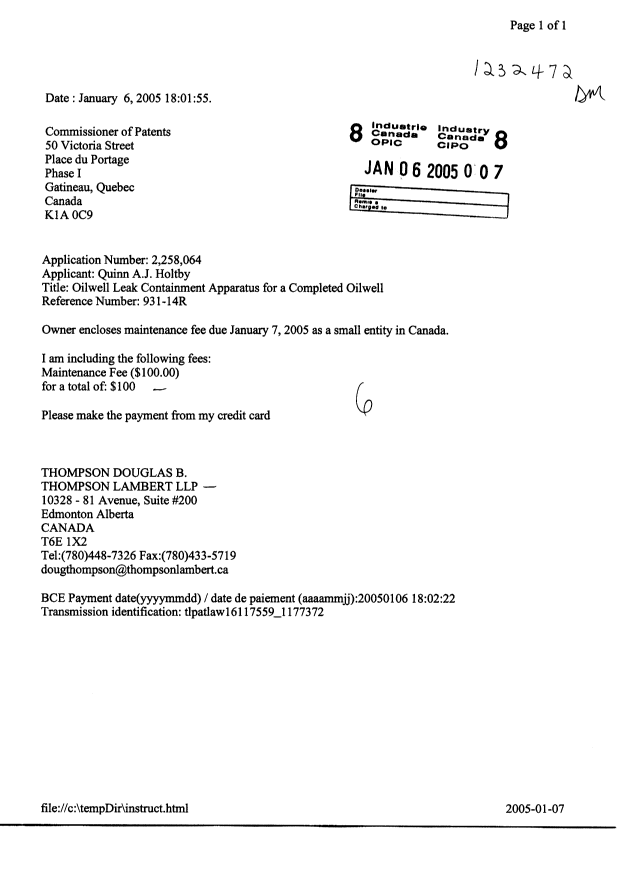 Document de brevet canadien 2258064. Taxes 20050106. Image 1 de 1