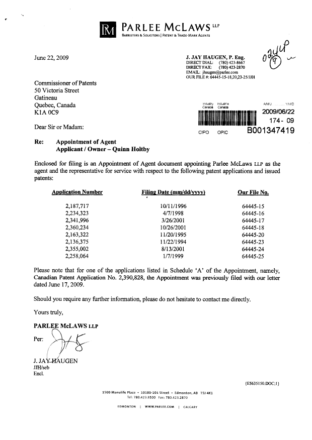 Document de brevet canadien 2258064. Correspondance 20090622. Image 1 de 3