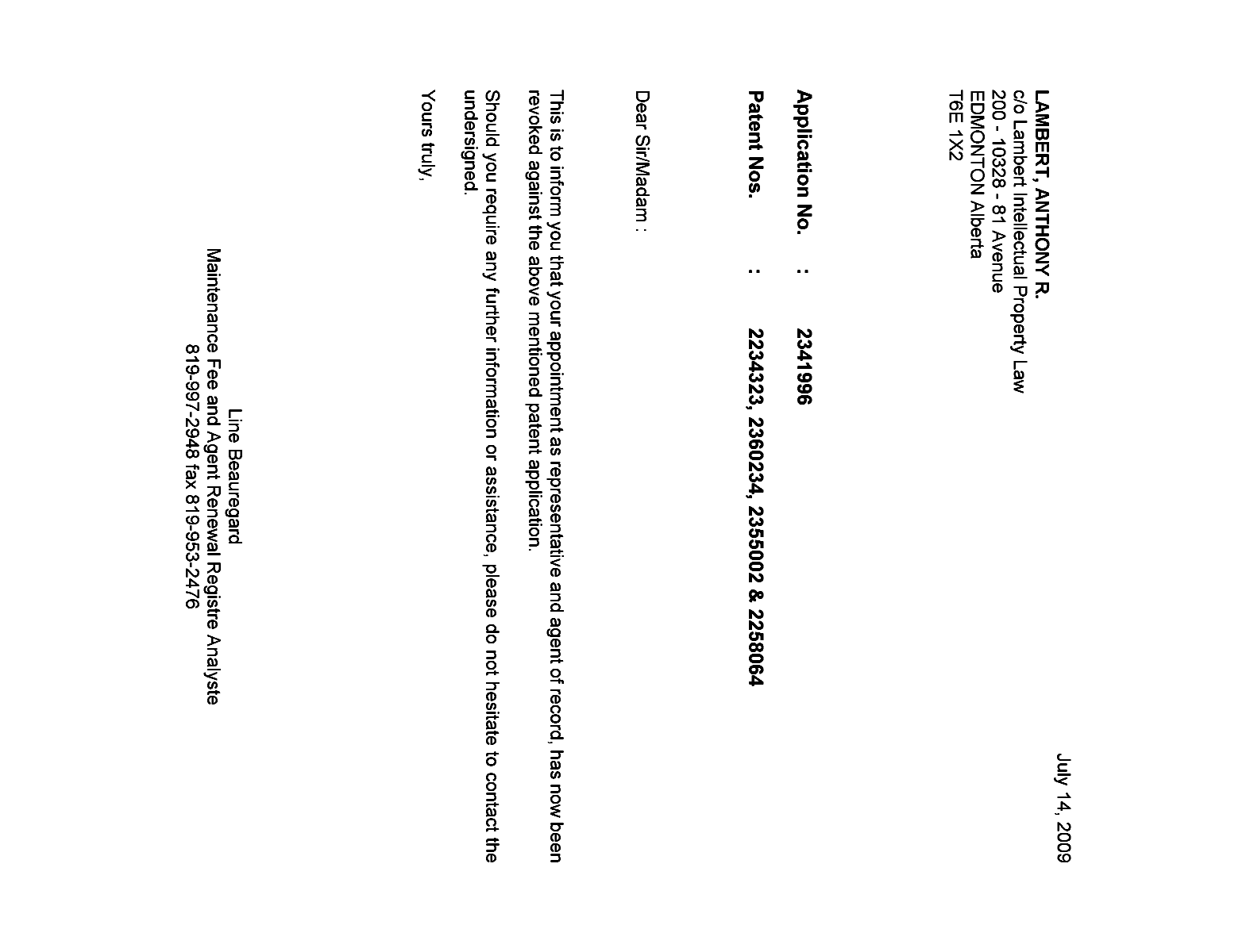 Document de brevet canadien 2258064. Correspondance 20090714. Image 1 de 1