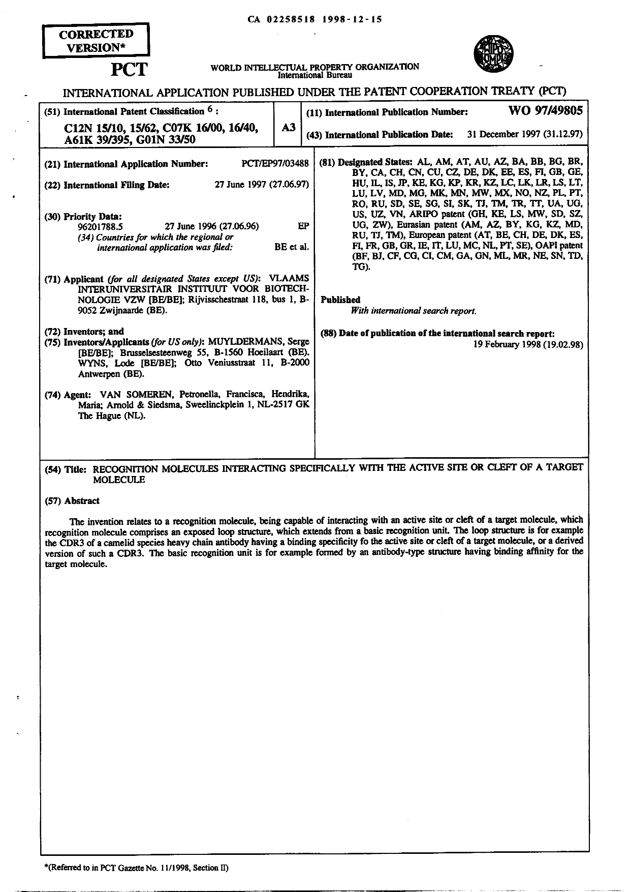 Document de brevet canadien 2258518. Abrégé 19981215. Image 1 de 1