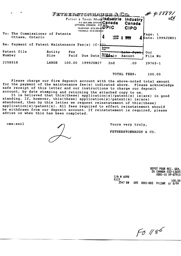 Document de brevet canadien 2258518. Taxes 19990601. Image 1 de 1