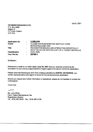 Document de brevet canadien 2258518. Correspondance 20010706. Image 1 de 4