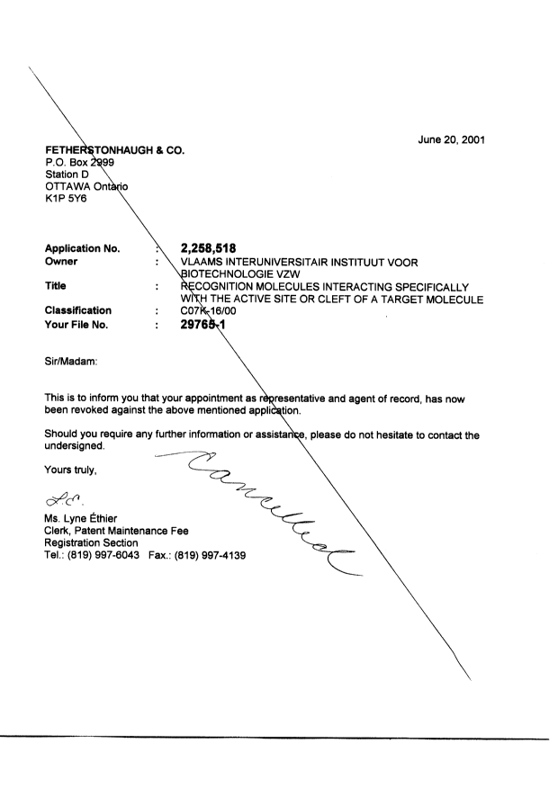 Document de brevet canadien 2258518. Correspondance 20010706. Image 2 de 4
