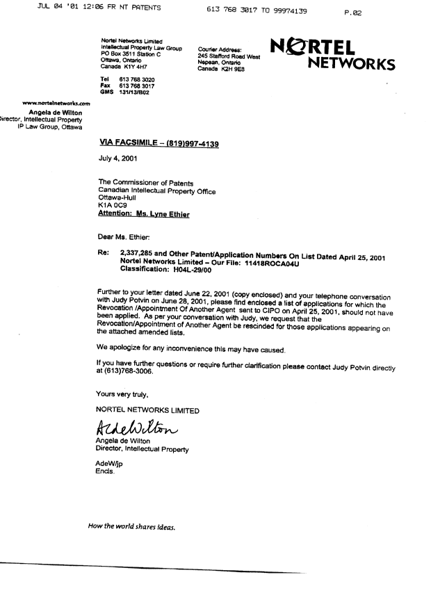 Document de brevet canadien 2258518. Correspondance 20010706. Image 4 de 4