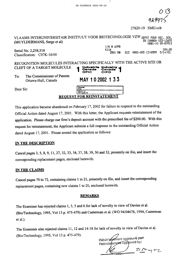Canadian Patent Document 2258518. Prosecution-Amendment 20020510. Image 1 of 25