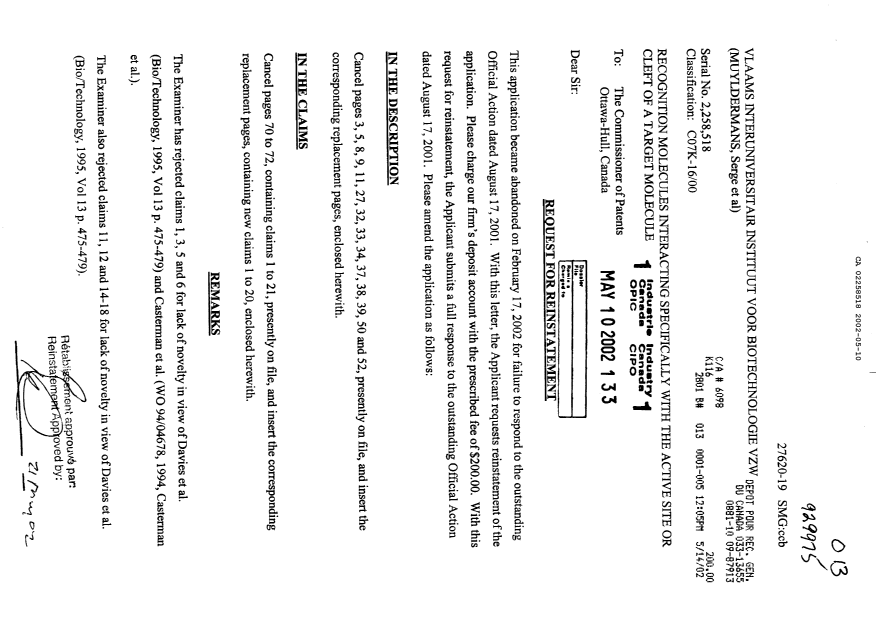 Document de brevet canadien 2258518. Poursuite-Amendment 20020510. Image 1 de 25