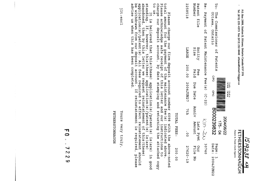 Document de brevet canadien 2258518. Taxes 20040622. Image 1 de 1