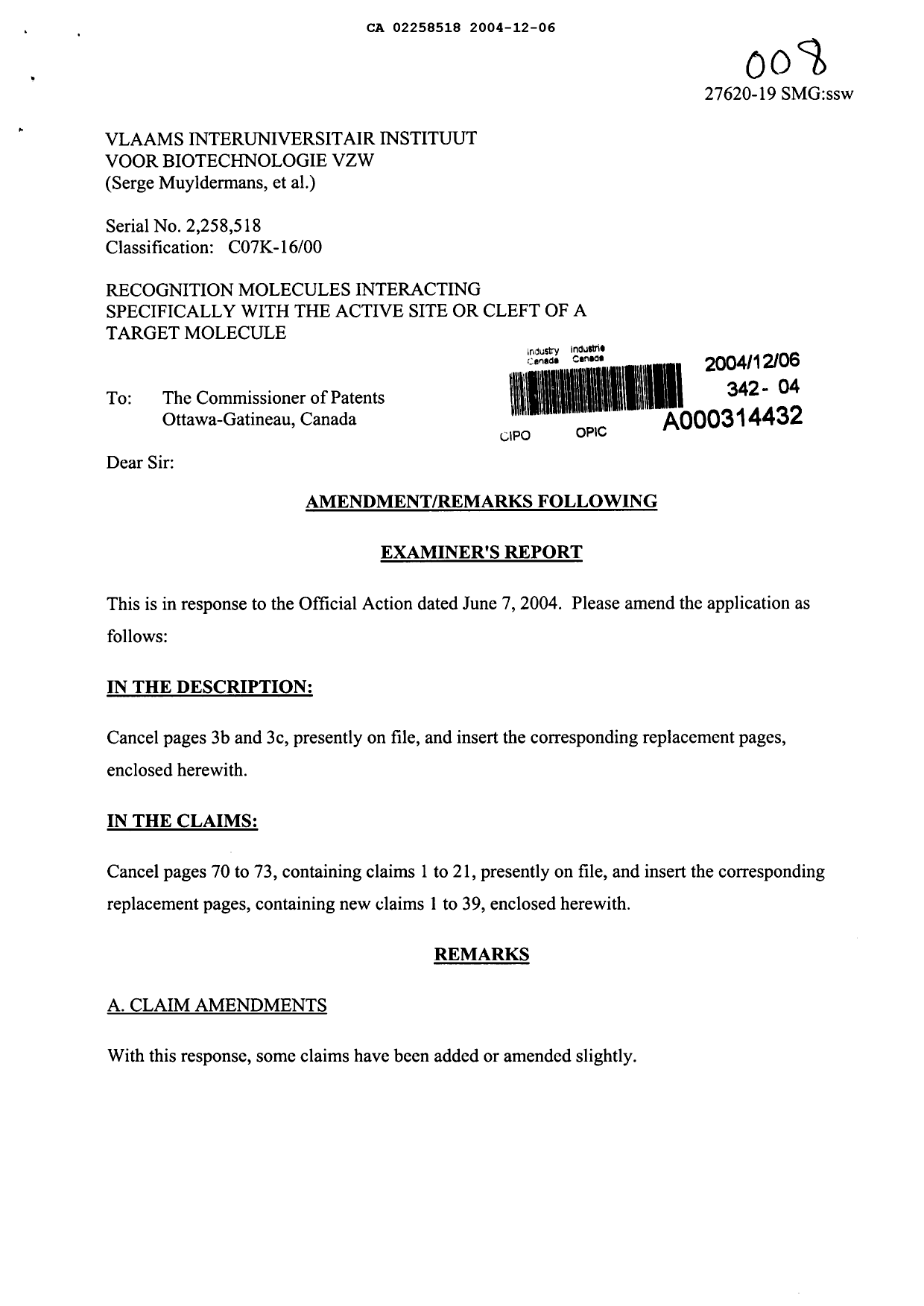 Document de brevet canadien 2258518. Poursuite-Amendment 20041206. Image 1 de 18