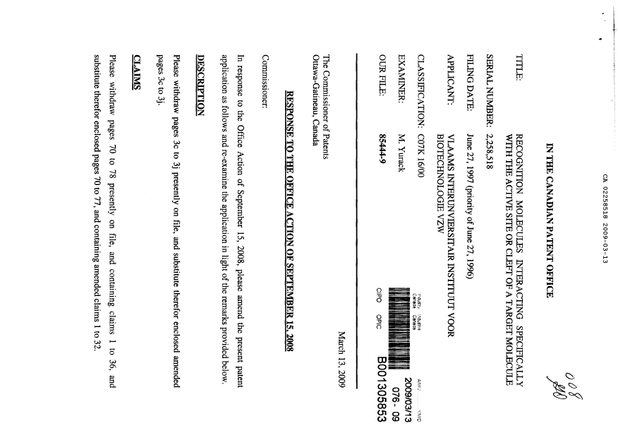 Document de brevet canadien 2258518. Poursuite-Amendment 20090313. Image 1 de 20