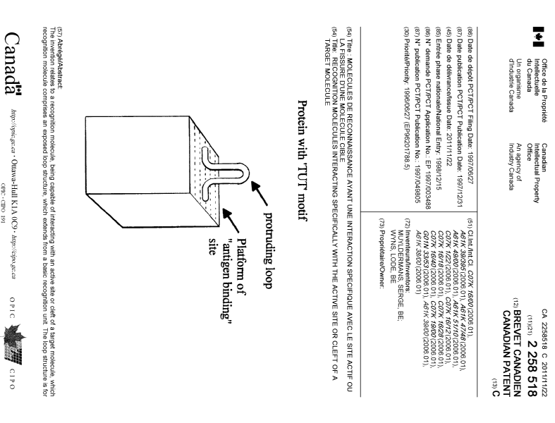Document de brevet canadien 2258518. Page couverture 20111017. Image 1 de 2