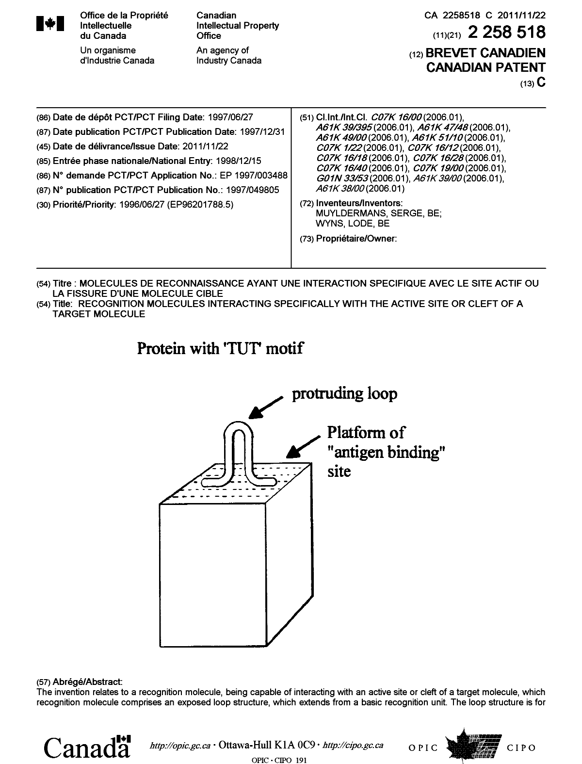 Canadian Patent Document 2258518. Cover Page 20111017. Image 1 of 2