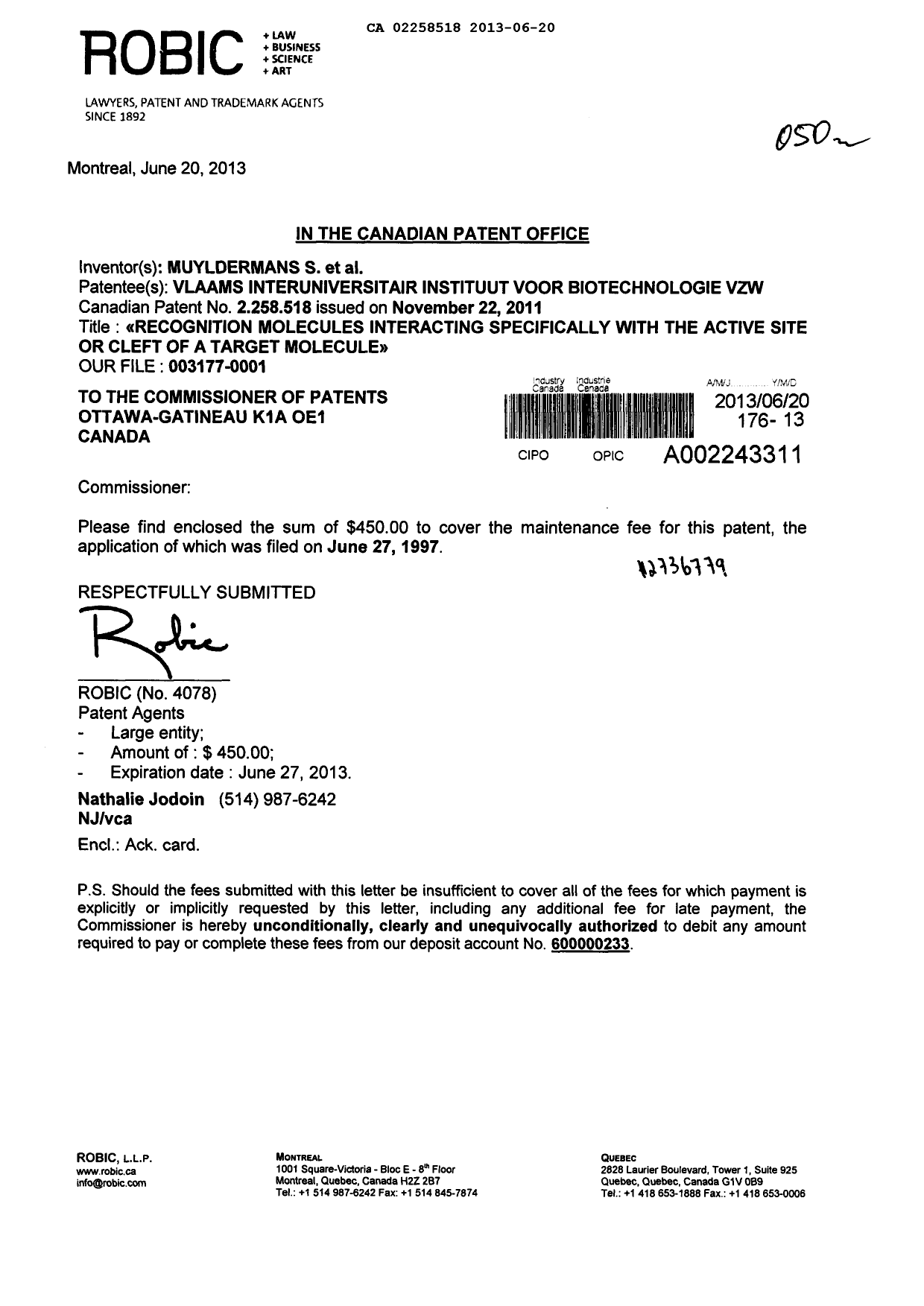 Document de brevet canadien 2258518. Taxes 20130620. Image 1 de 1