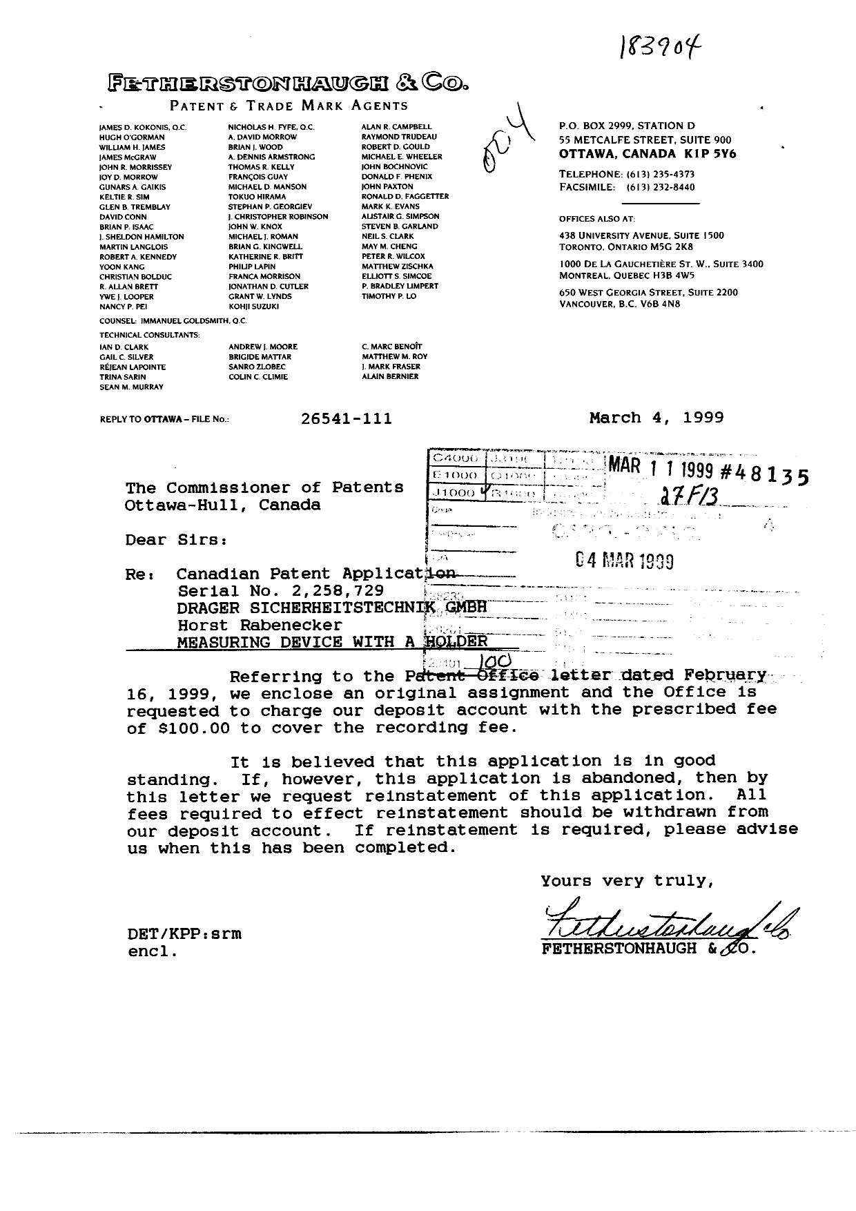 Document de brevet canadien 2258729. Cession 19990304. Image 1 de 2