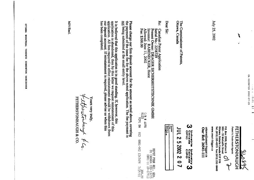 Document de brevet canadien 2258729. Correspondance 20020725. Image 1 de 1