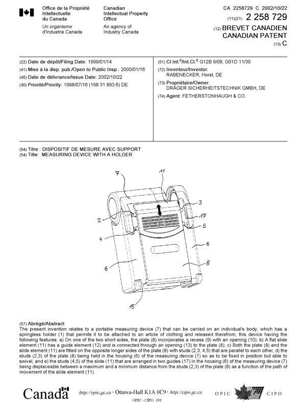 Canadian Patent Document 2258729. Cover Page 20020925. Image 1 of 1
