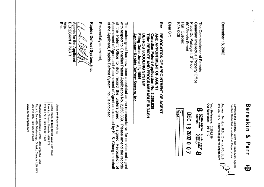 Document de brevet canadien 2258839. Correspondance 20021218. Image 1 de 2