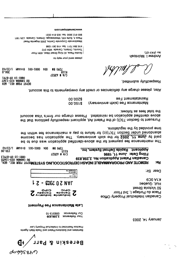 Canadian Patent Document 2258839. Fees 20030120. Image 1 of 1