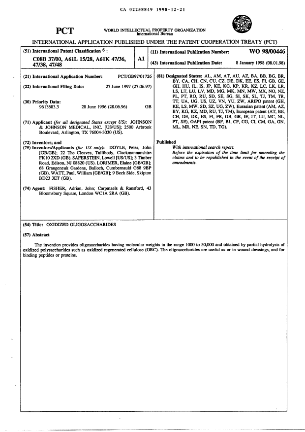 Document de brevet canadien 2258849. Abrégé 19981221. Image 1 de 1