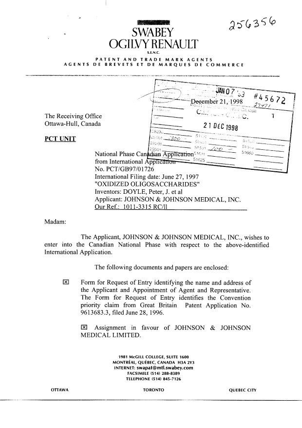 Document de brevet canadien 2258849. Cession 19981221. Image 1 de 8