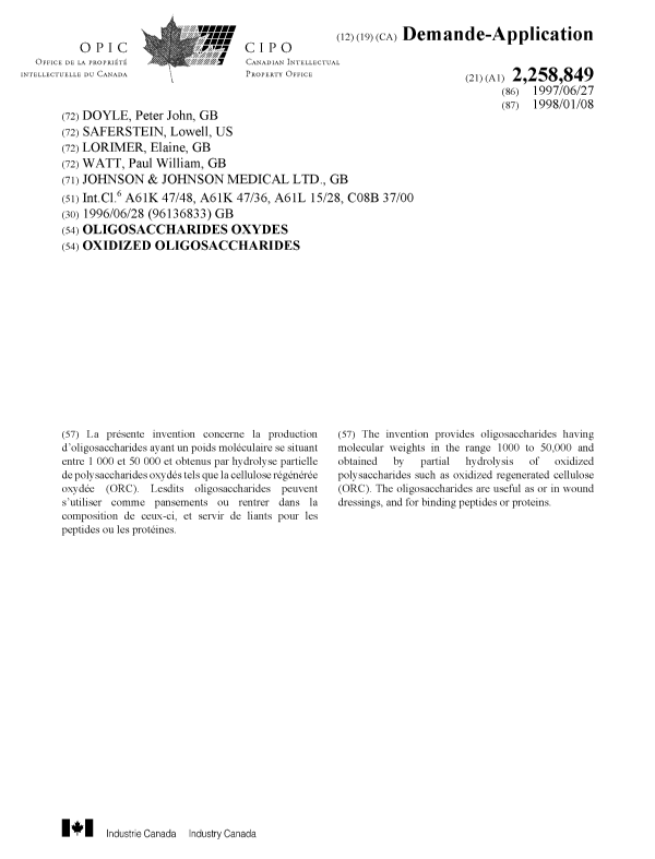 Document de brevet canadien 2258849. Page couverture 19990316. Image 1 de 1